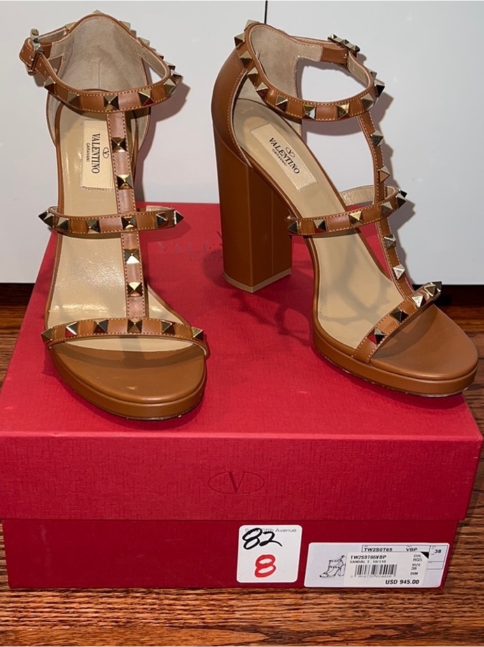 Valentino Garavani Tan Brown Rockstud T-Strap Block Heel Sandals